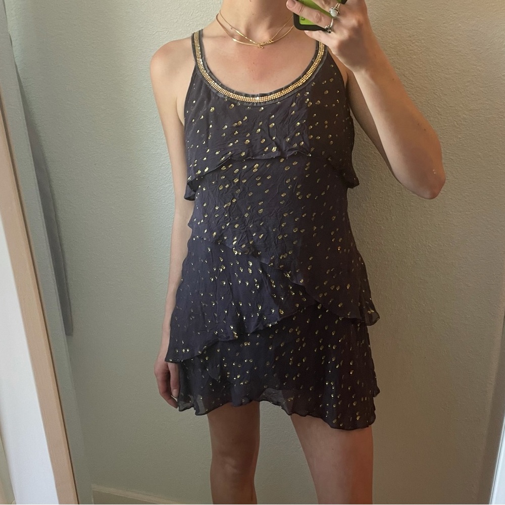 Free people purple ruffle layer dress with gold sparkles